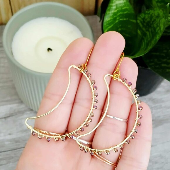 Gold Crescent Moon Beaded Dangle Earrings - 2.5" - Boho Celestial - Picture 2 of 10